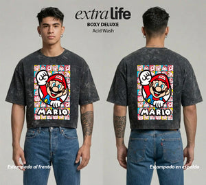 Playera streetwear premium de anime y gaming ExtraLife MX, corte boxy deluxe mineral wash heavyweight en color Acid Wash, moda urbana mexicana de culto.