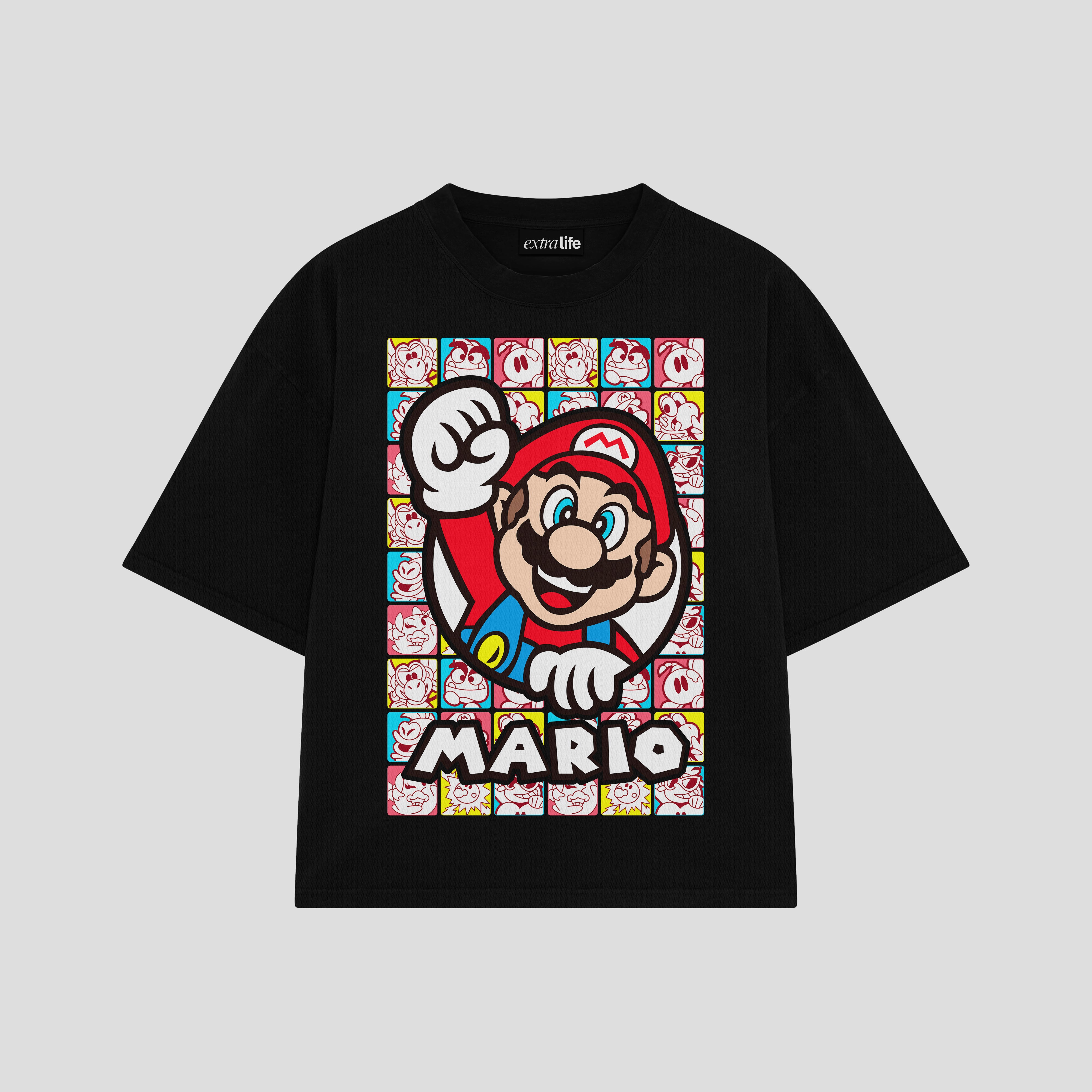 Playera streetwear premium de anime y gaming ExtraLife MX, corte boxy oversized drop shoulder heavyweight en color Deep Black y Off-White, moda urbana mexicana de culto.