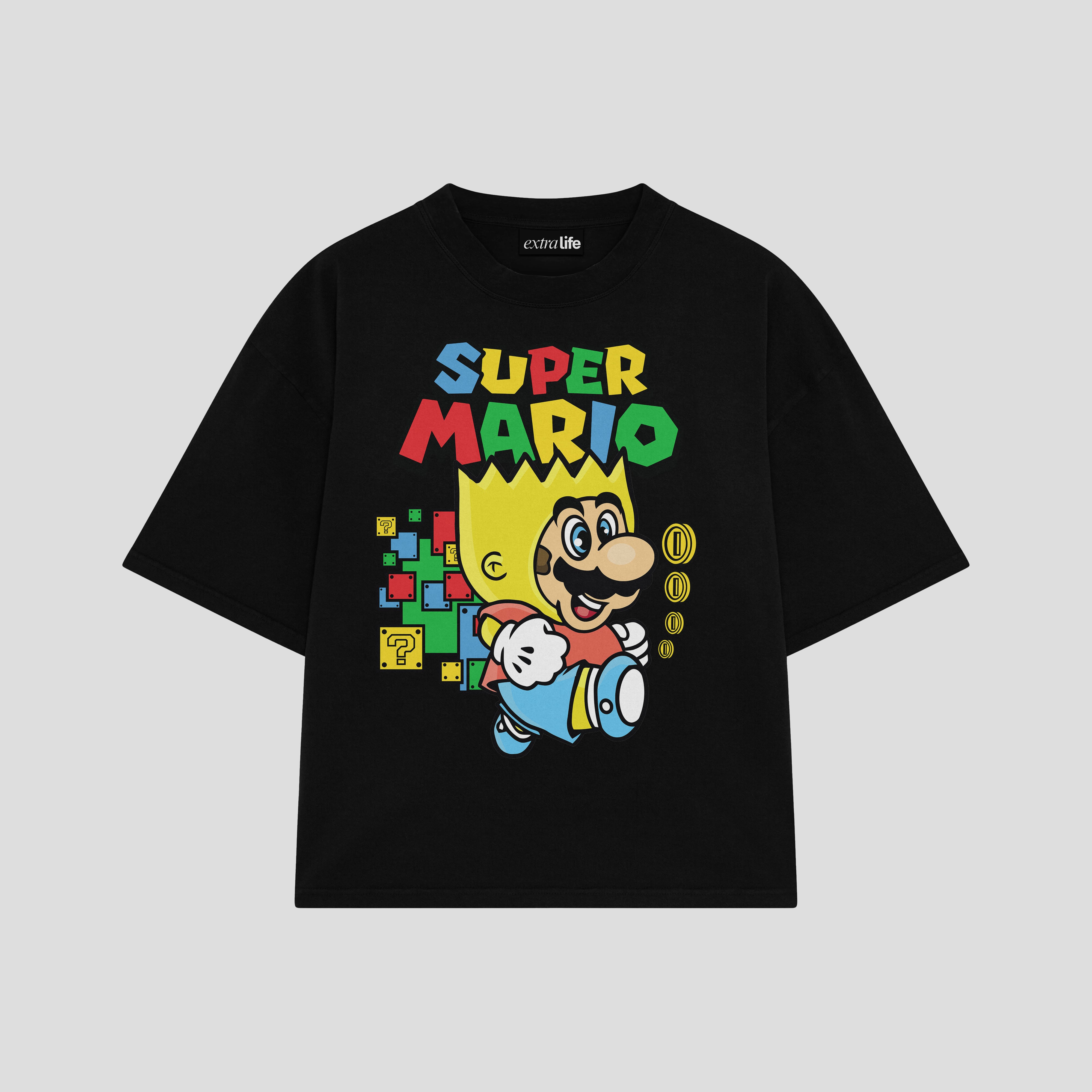 Playera streetwear premium de anime y gaming ExtraLife MX, corte boxy oversized drop shoulder heavyweight en color Deep Black y Off-White, moda urbana mexicana de culto.