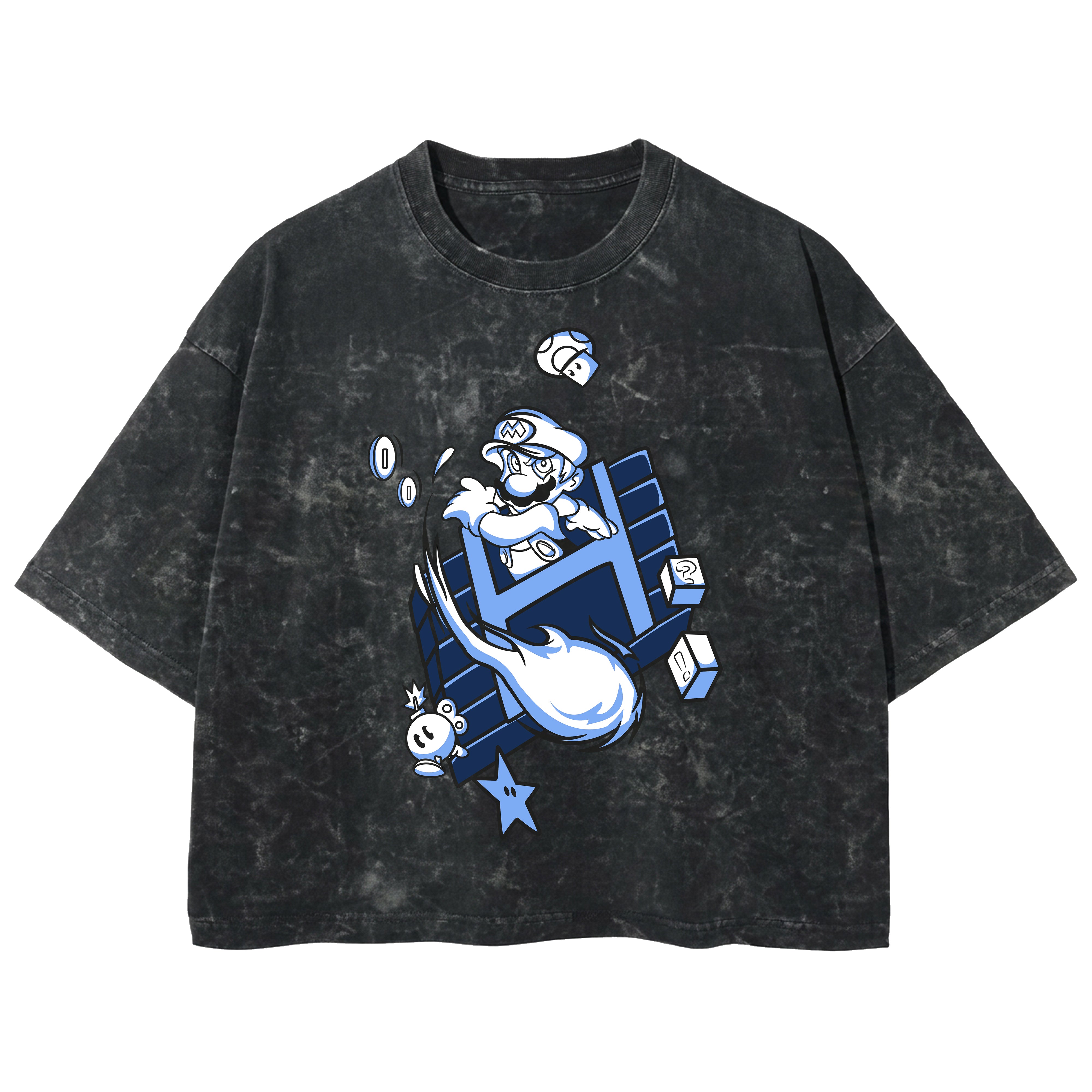 Playera streetwear premium de anime y gaming ExtraLife MX, corte boxy deluxe mineral wash heavyweight en color Acid Wash, moda urbana mexicana de culto.