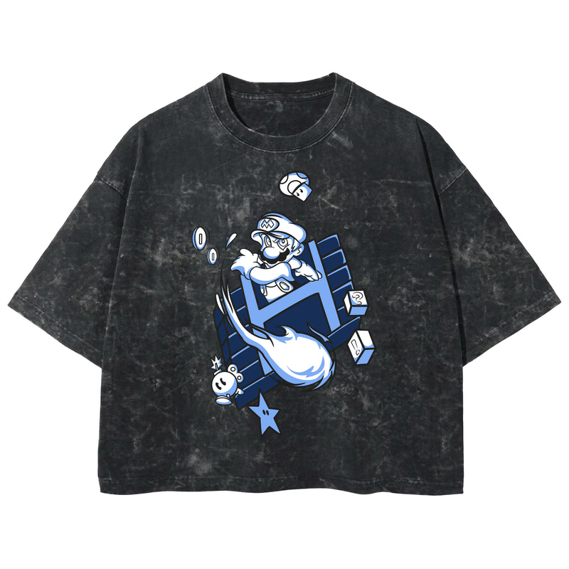 Playera streetwear premium de anime y gaming ExtraLife MX, corte boxy deluxe mineral wash heavyweight en color Acid Wash, moda urbana mexicana de culto.