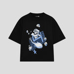 Playera streetwear premium de anime y gaming ExtraLife MX, corte boxy oversized drop shoulder heavyweight en color Deep Black y Off-White, moda urbana mexicana de culto.