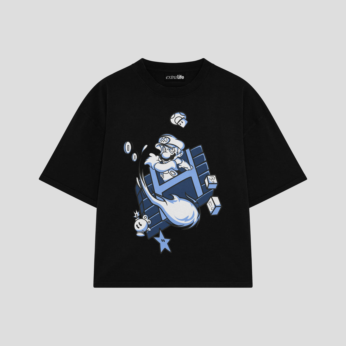Playera streetwear premium de anime y gaming ExtraLife MX, corte oversized drop shoulder ligero y fresco en color Deep Black y Off-White, moda urbana mexicana de culto.