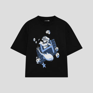 Playera streetwear premium de anime y gaming ExtraLife MX, corte boxy oversized drop shoulder heavyweight en color Deep Black y Off-White, moda urbana mexicana de culto.