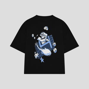 Playera streetwear premium de anime y gaming ExtraLife MX, corte boxy oversized drop shoulder heavyweight en color Deep Black y Off-White, moda urbana mexicana de culto.