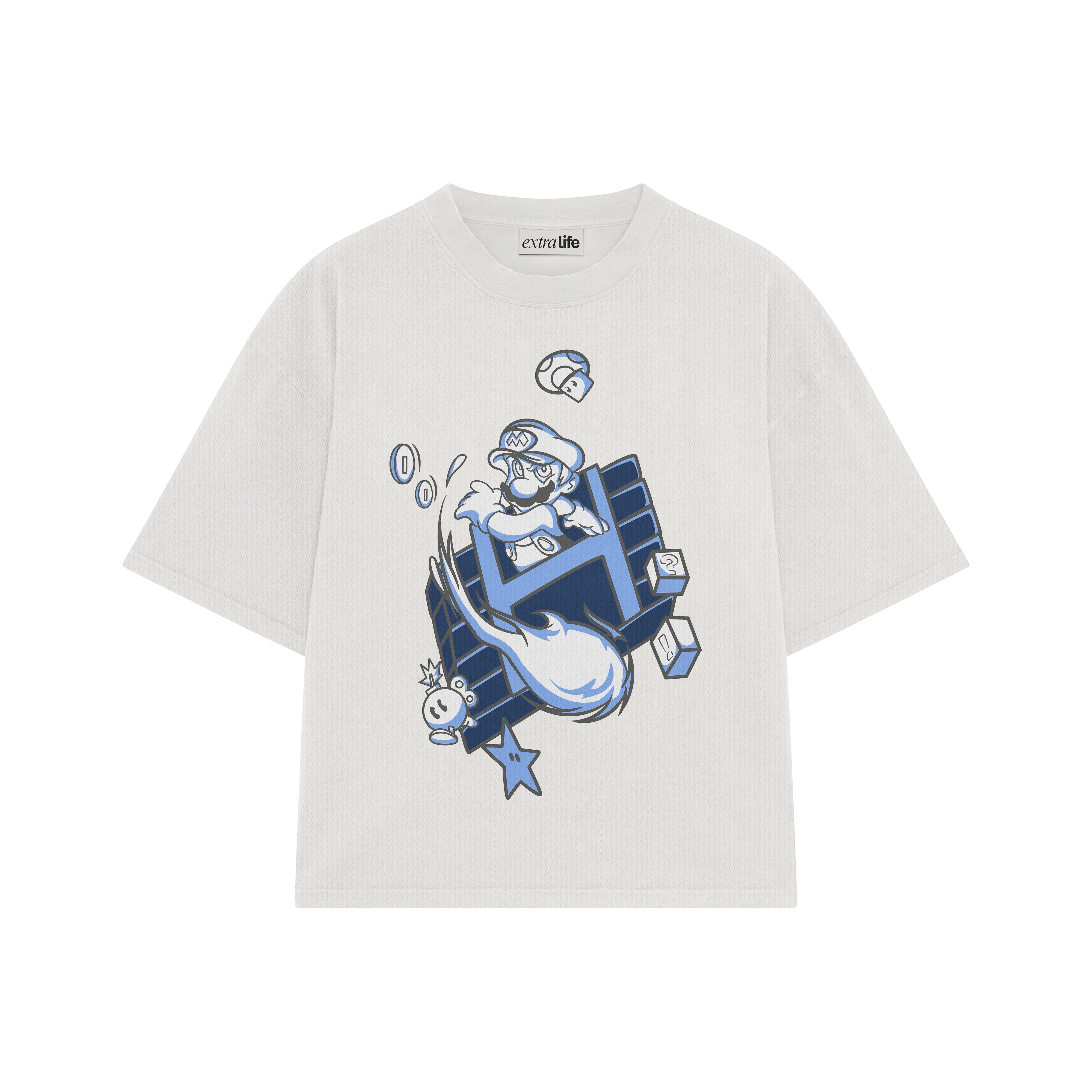 Playera streetwear premium de anime y gaming ExtraLife MX, corte boxy oversized drop shoulder heavyweight en color Deep Black y Off-White, moda urbana mexicana de culto.
