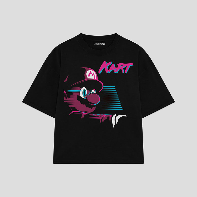 Playera streetwear premium de anime y gaming ExtraLife MX, corte boxy oversized drop shoulder heavyweight en color Deep Black y Off-White, moda urbana mexicana de culto.