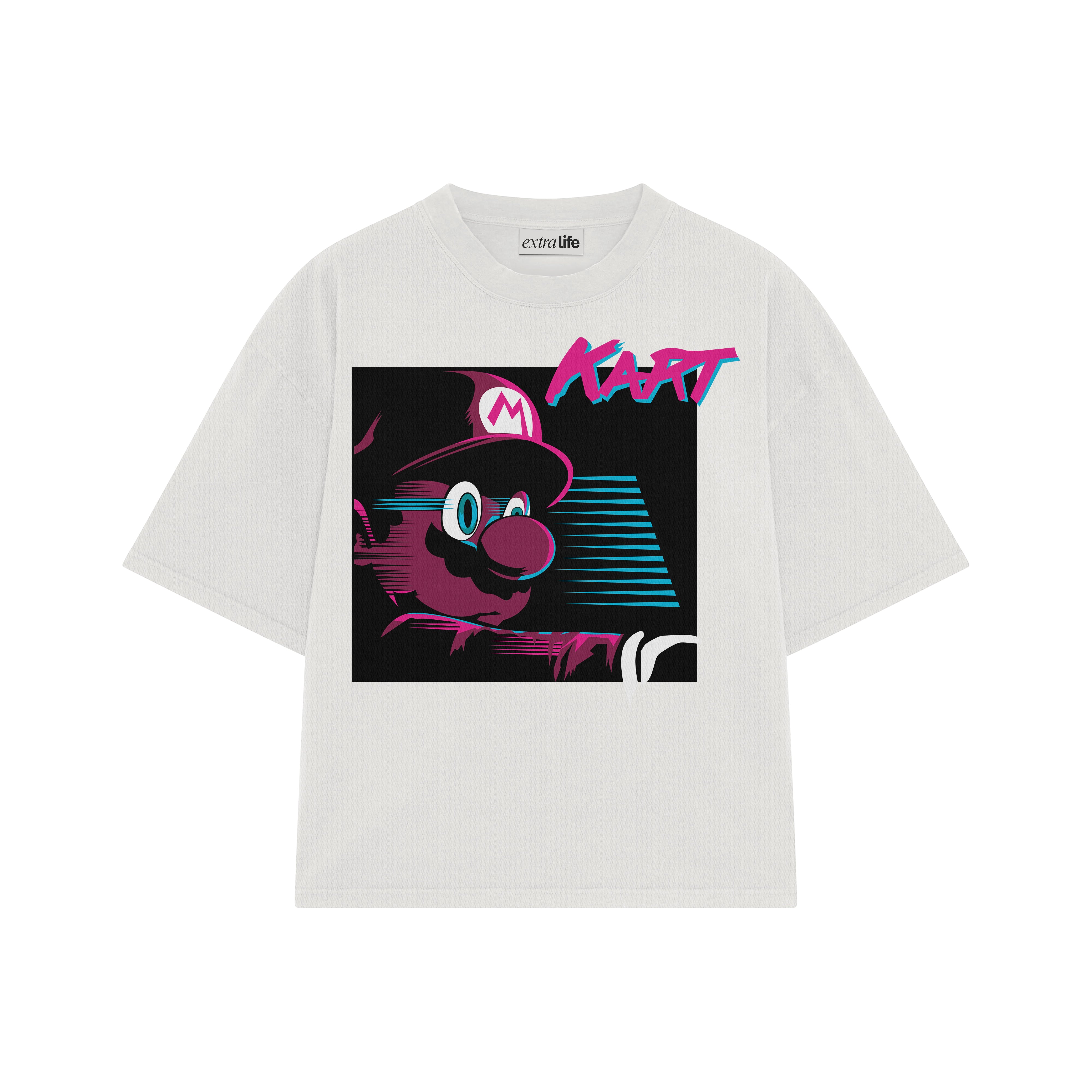 Playera streetwear premium de anime y gaming ExtraLife MX, corte boxy oversized drop shoulder heavyweight en color Deep Black y Off-White, moda urbana mexicana de culto.