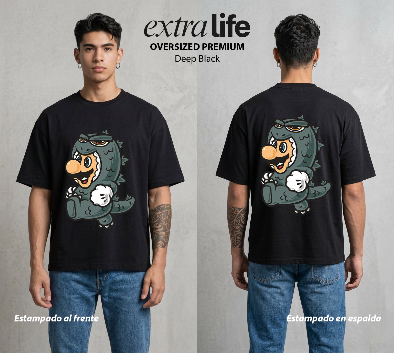 El Reino del Fontanero | El Campeon del Hongo #02227 - Playera Oversized Premium | Deep Black - Foto en modelo