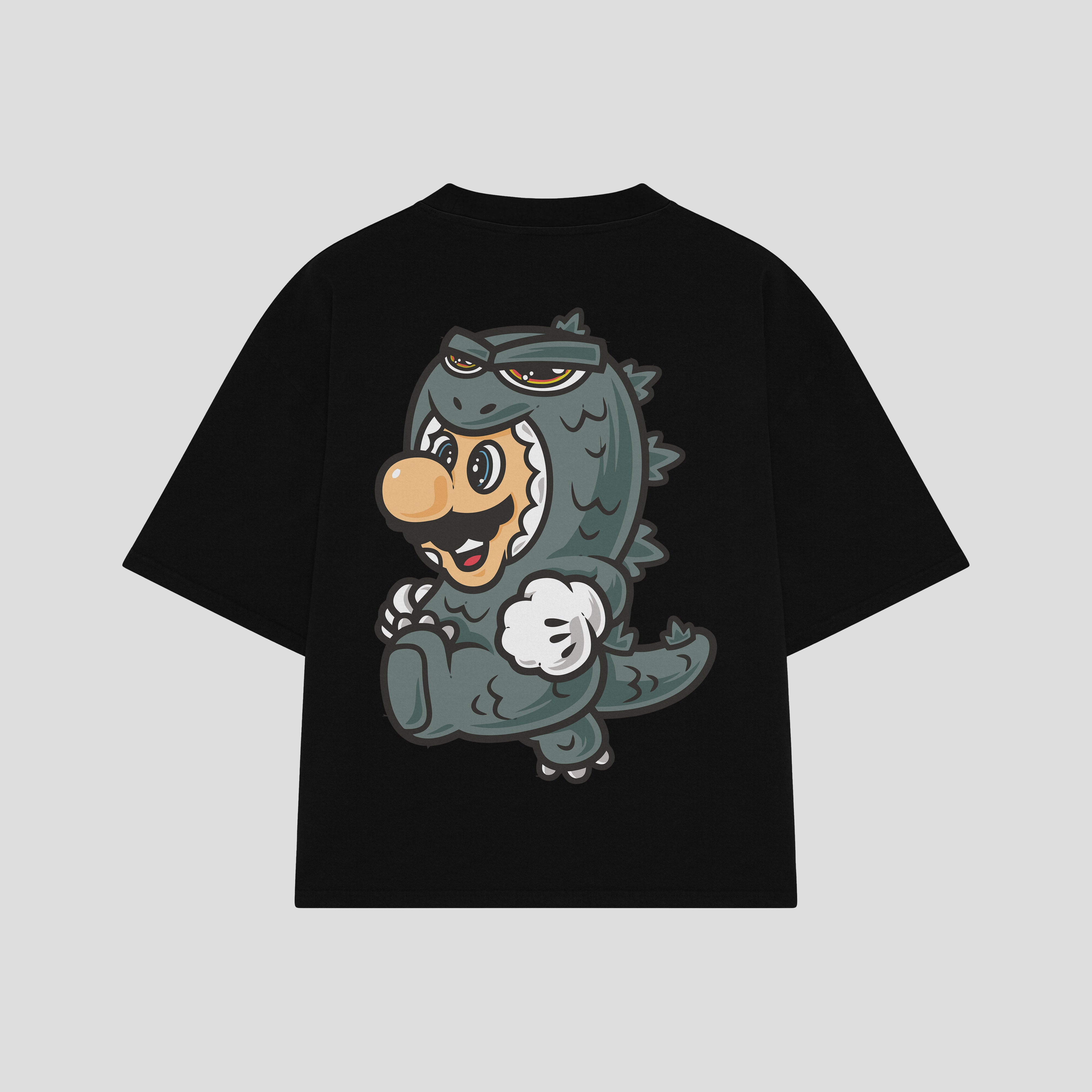 Playera streetwear premium de anime y gaming ExtraLife MX, corte boxy oversized drop shoulder heavyweight en color Deep Black y Off-White, moda urbana mexicana de culto.