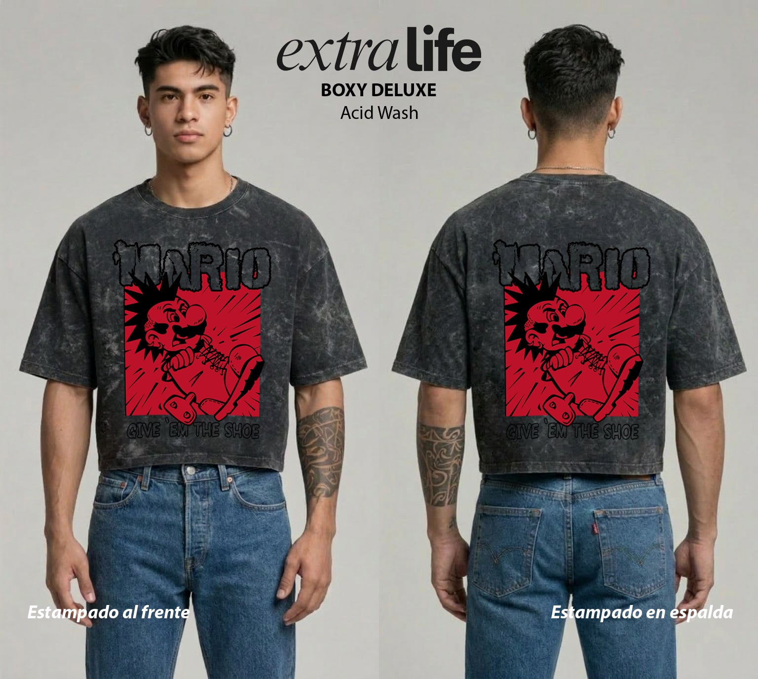 Playera streetwear premium de anime y gaming ExtraLife MX, corte boxy deluxe mineral wash heavyweight en color Acid Wash, moda urbana mexicana de culto.