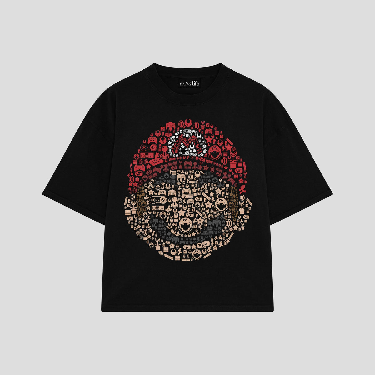 Playera streetwear premium de anime y gaming ExtraLife MX, corte oversized drop shoulder ligero y fresco en color Deep Black y Off-White, moda urbana mexicana de culto.