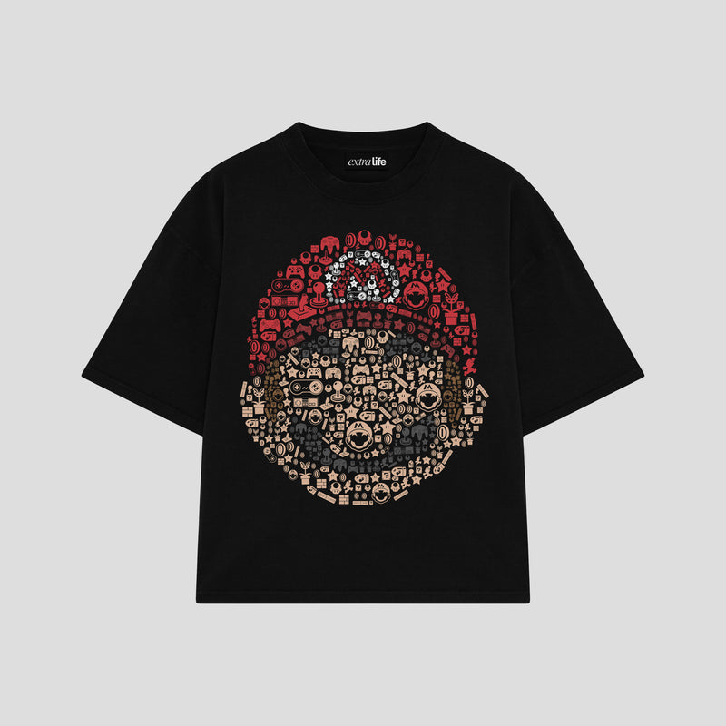 Playera streetwear premium de anime y gaming ExtraLife MX, corte boxy oversized drop shoulder heavyweight en color Deep Black y Off-White, moda urbana mexicana de culto.