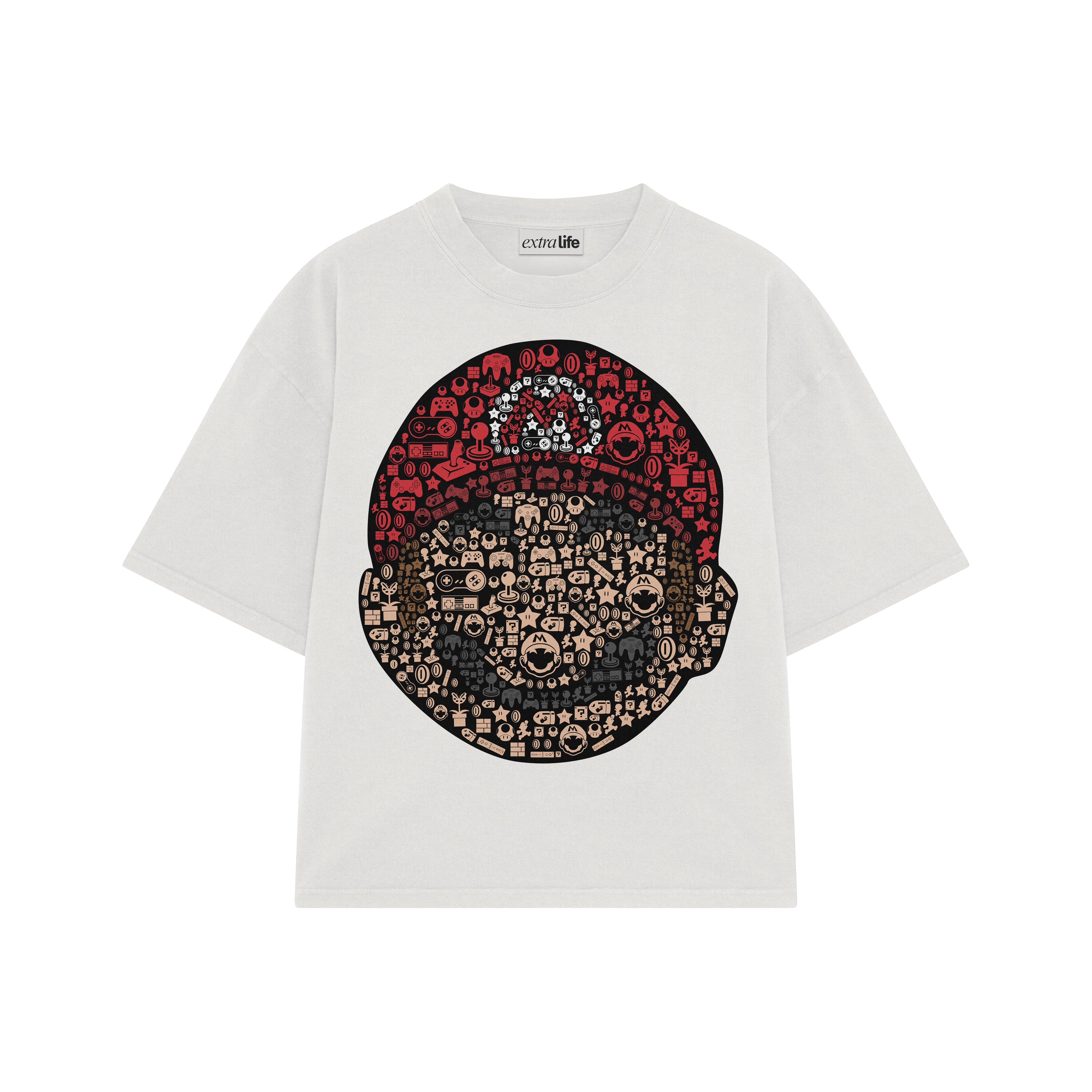 Playera streetwear premium de anime y gaming ExtraLife MX, corte boxy oversized drop shoulder heavyweight en color Deep Black y Off-White, moda urbana mexicana de culto.