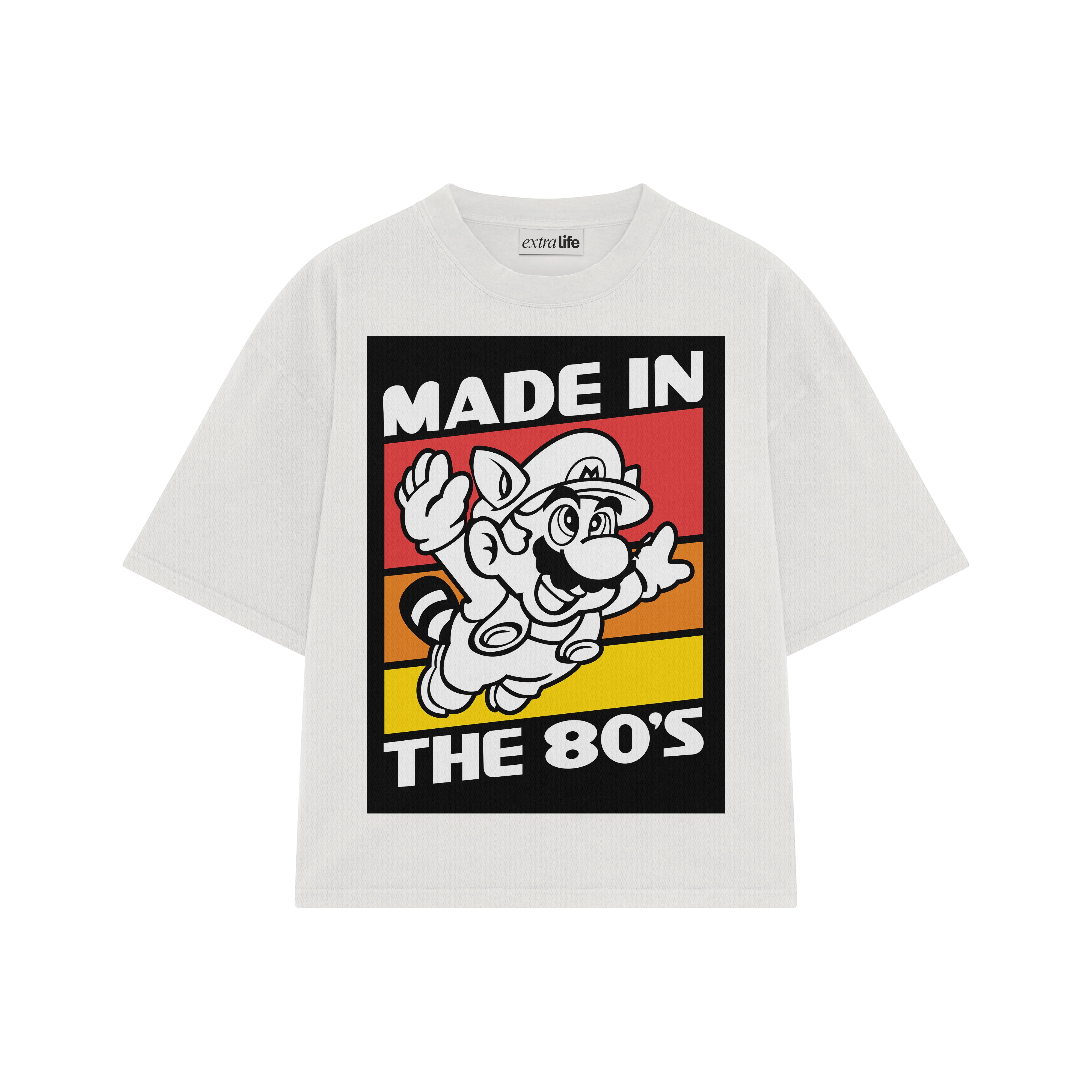 Playera streetwear premium de anime y gaming ExtraLife MX, corte boxy oversized drop shoulder heavyweight en color Deep Black y Off-White, moda urbana mexicana de culto.