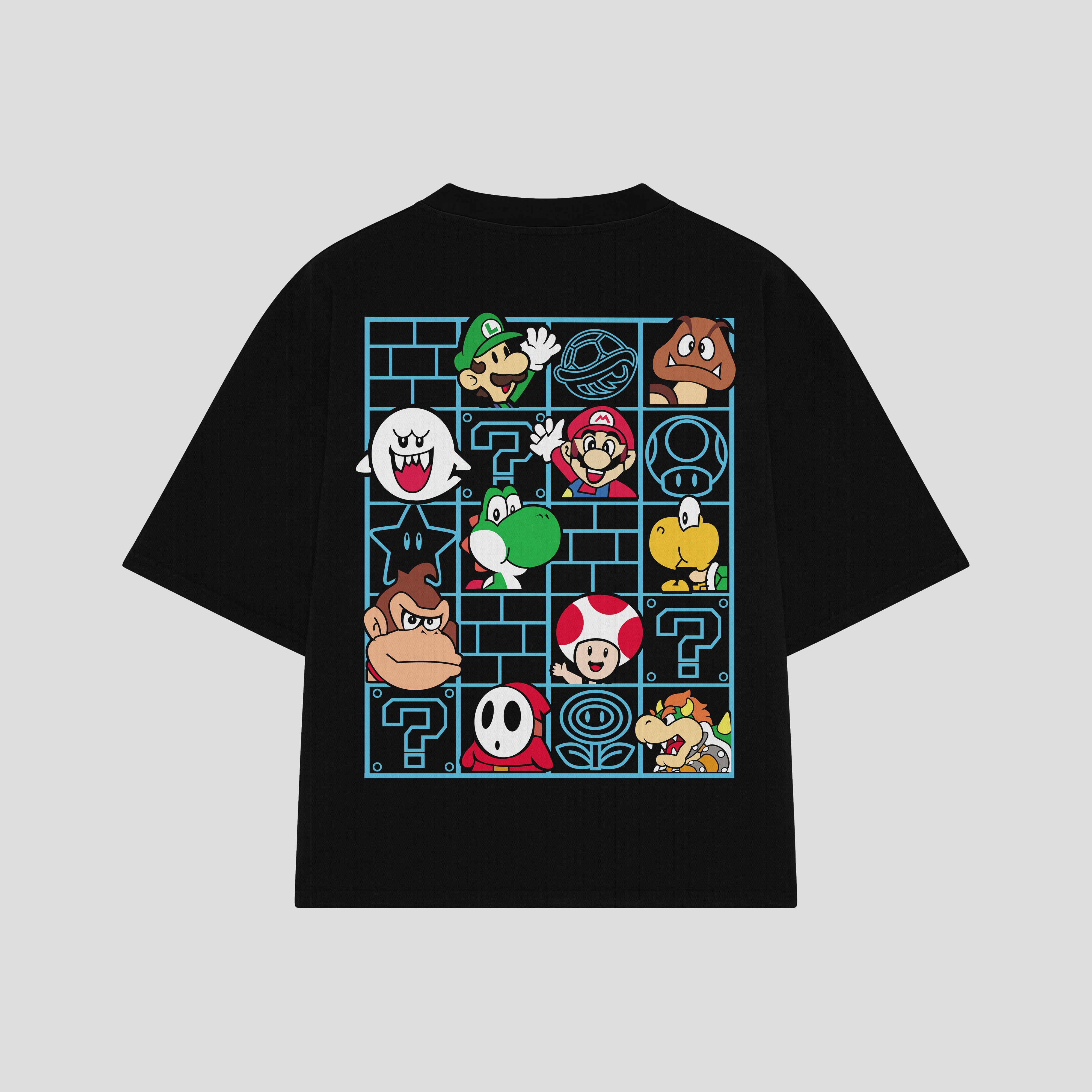 Playera streetwear premium de anime y gaming ExtraLife MX, corte boxy oversized drop shoulder heavyweight en color Deep Black y Off-White, moda urbana mexicana de culto.