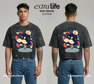 Playera streetwear premium de anime y gaming ExtraLife MX, corte boxy deluxe mineral wash heavyweight en color Acid Wash, moda urbana mexicana de culto.