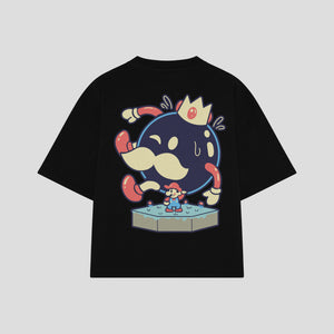 Playera streetwear premium de anime y gaming ExtraLife MX, corte boxy oversized drop shoulder heavyweight en color Deep Black y Off-White, moda urbana mexicana de culto.