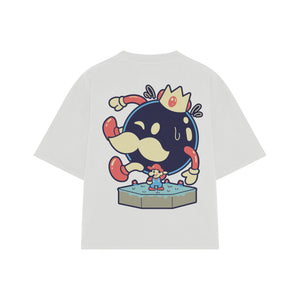Playera streetwear premium de anime y gaming ExtraLife MX, corte boxy oversized drop shoulder heavyweight en color Deep Black y Off-White, moda urbana mexicana de culto.