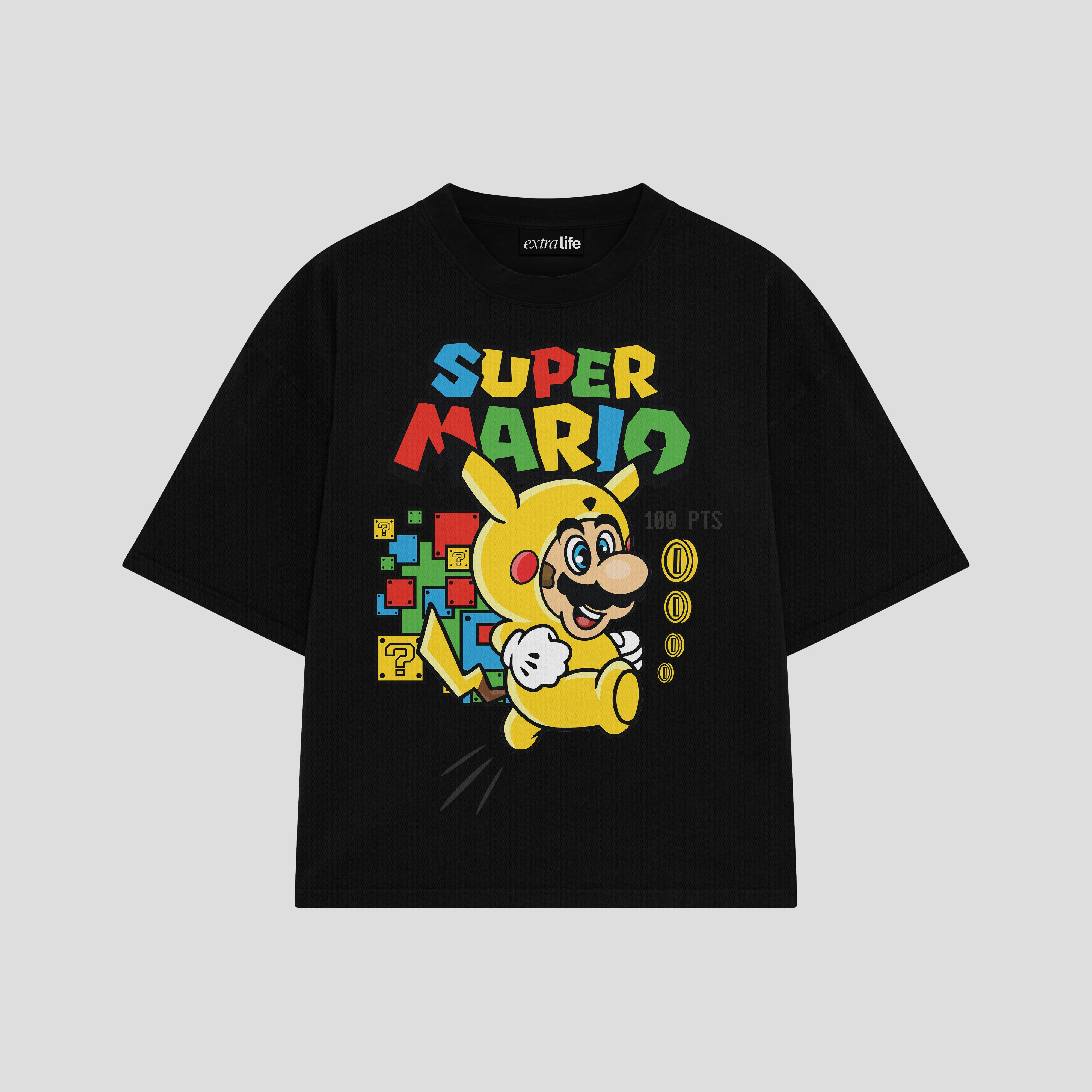 Playera streetwear premium de anime y gaming ExtraLife MX, corte boxy oversized drop shoulder heavyweight en color Deep Black y Off-White, moda urbana mexicana de culto.