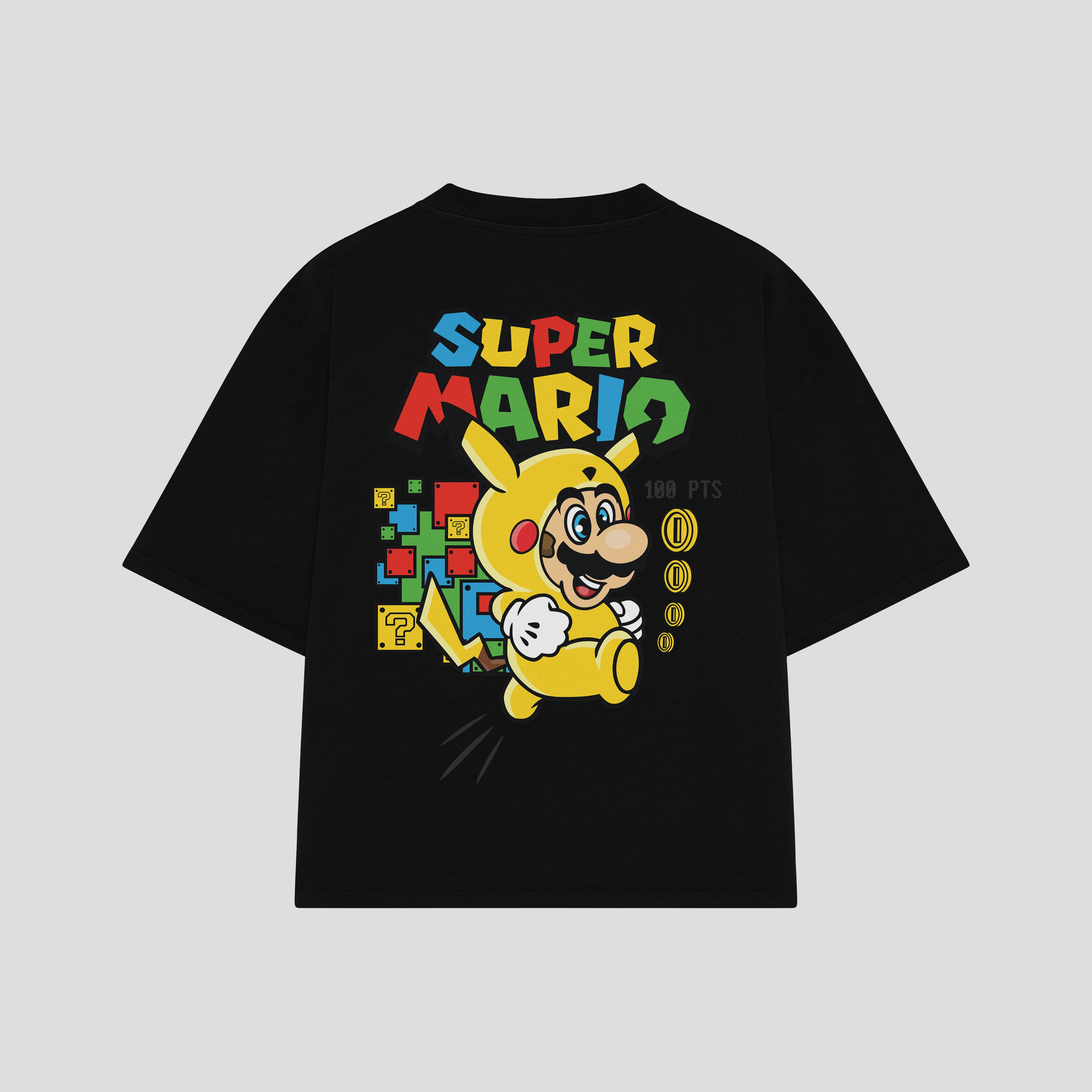 Playera streetwear premium de anime y gaming ExtraLife MX, corte boxy oversized drop shoulder heavyweight en color Deep Black y Off-White, moda urbana mexicana de culto.
