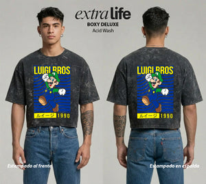 Playera streetwear premium de anime y gaming ExtraLife MX, corte boxy deluxe mineral wash heavyweight en color Acid Wash, moda urbana mexicana de culto.