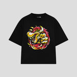 Playera streetwear premium de anime y gaming ExtraLife MX, corte boxy oversized drop shoulder heavyweight en color Deep Black y Off-White, moda urbana mexicana de culto.