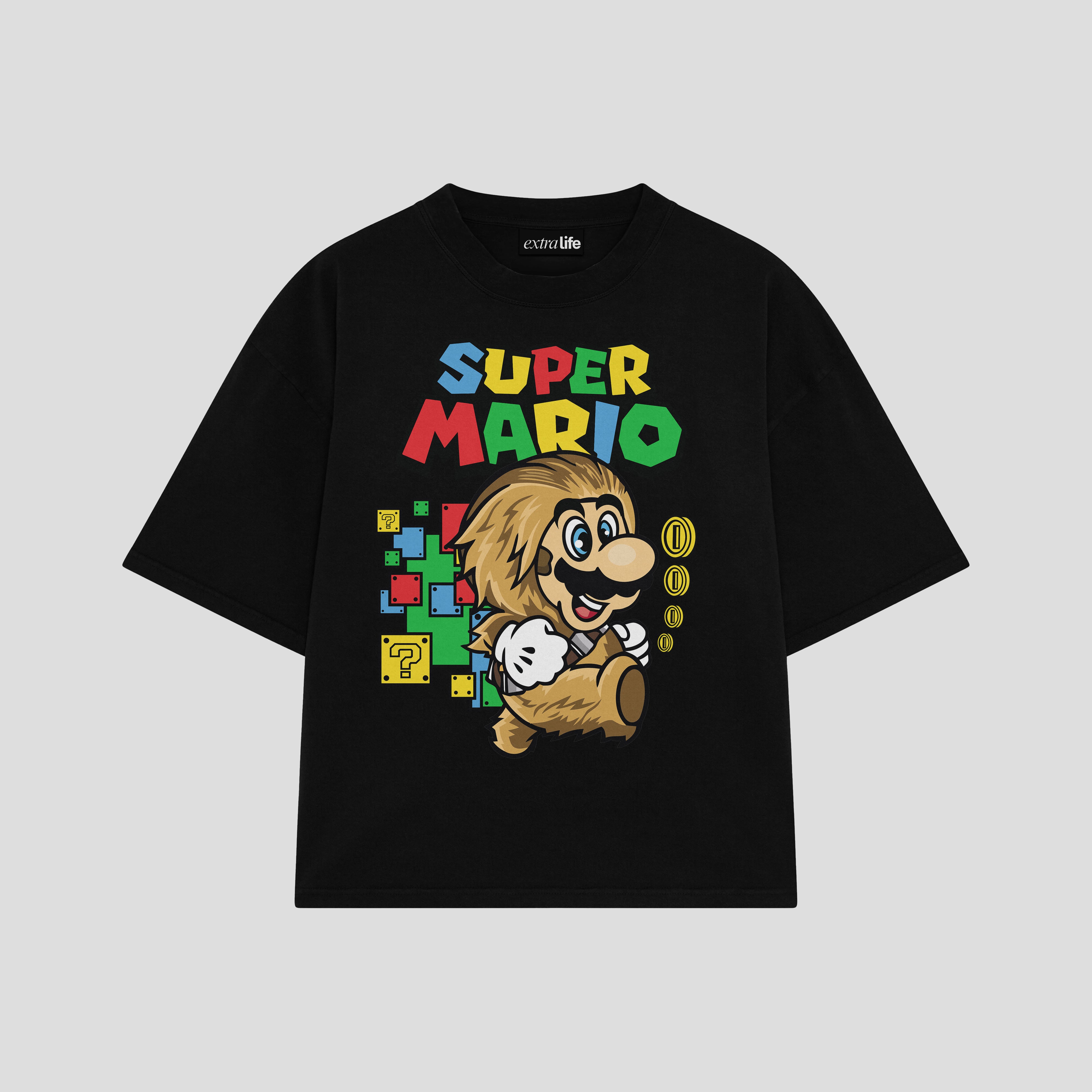 Playera streetwear premium de anime y gaming ExtraLife MX, corte boxy oversized drop shoulder heavyweight en color Deep Black y Off-White, moda urbana mexicana de culto.