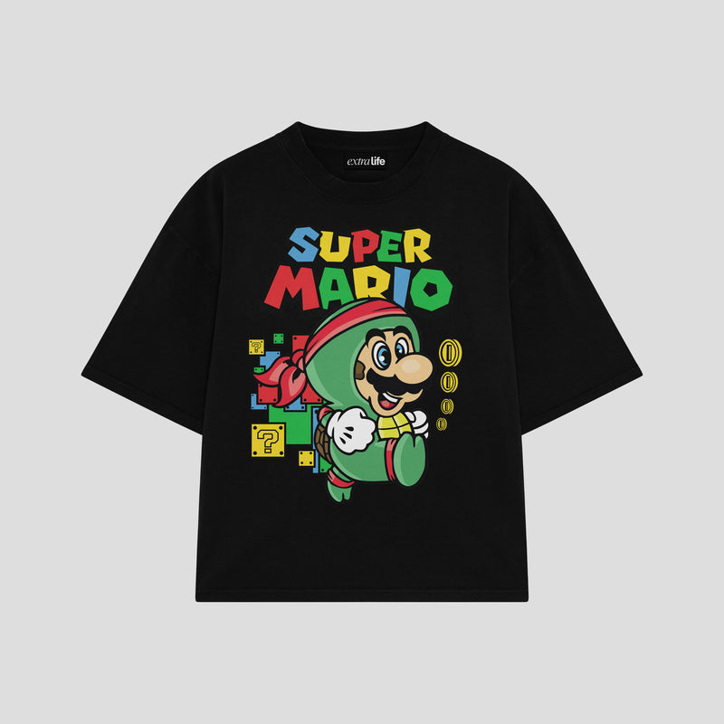 Playera streetwear premium de anime y gaming ExtraLife MX, corte boxy oversized drop shoulder heavyweight en color Deep Black y Off-White, moda urbana mexicana de culto.
