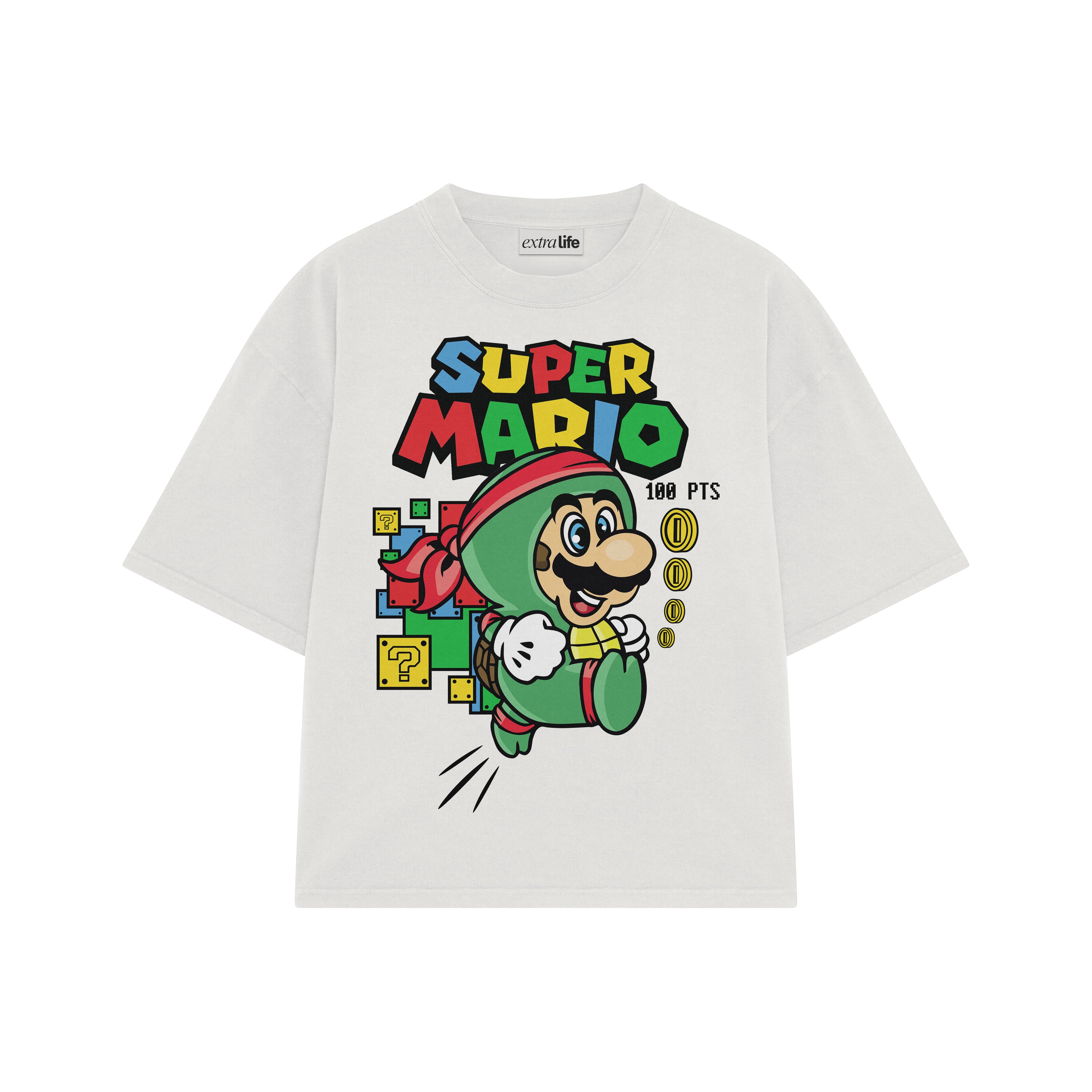 Playera streetwear premium de anime y gaming ExtraLife MX, corte boxy oversized drop shoulder heavyweight en color Deep Black y Off-White, moda urbana mexicana de culto.