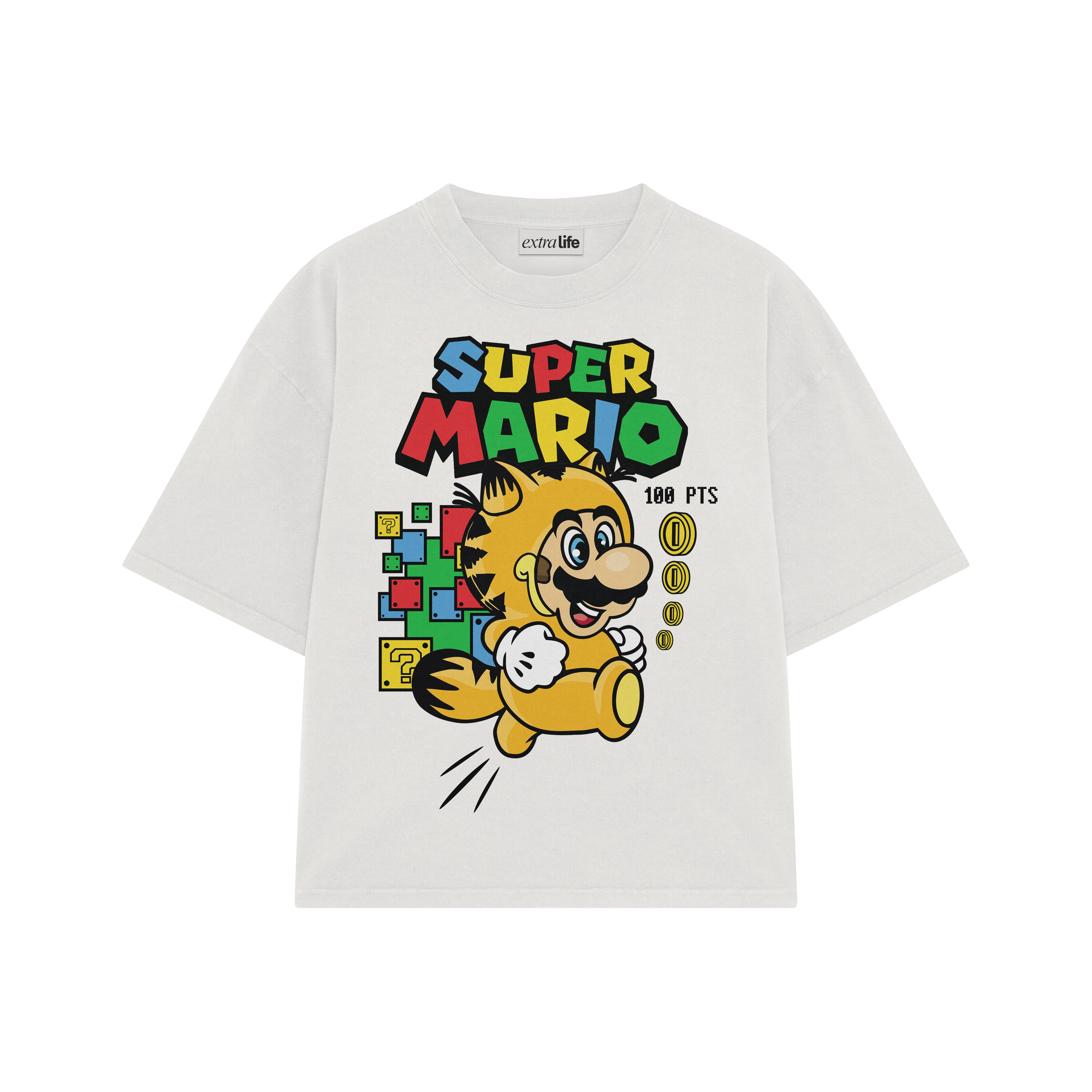 Playera streetwear premium de anime y gaming ExtraLife MX, corte boxy oversized drop shoulder heavyweight en color Deep Black y Off-White, moda urbana mexicana de culto.