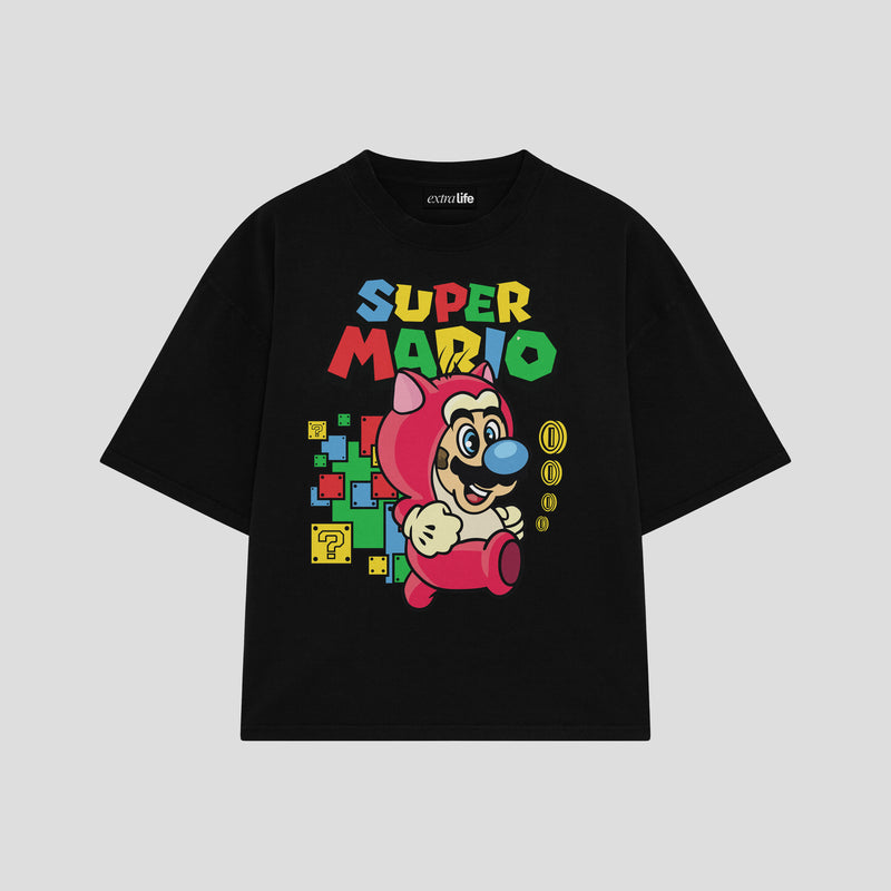 Playera streetwear premium de anime y gaming ExtraLife MX, corte boxy oversized drop shoulder heavyweight en color Deep Black y Off-White, moda urbana mexicana de culto.