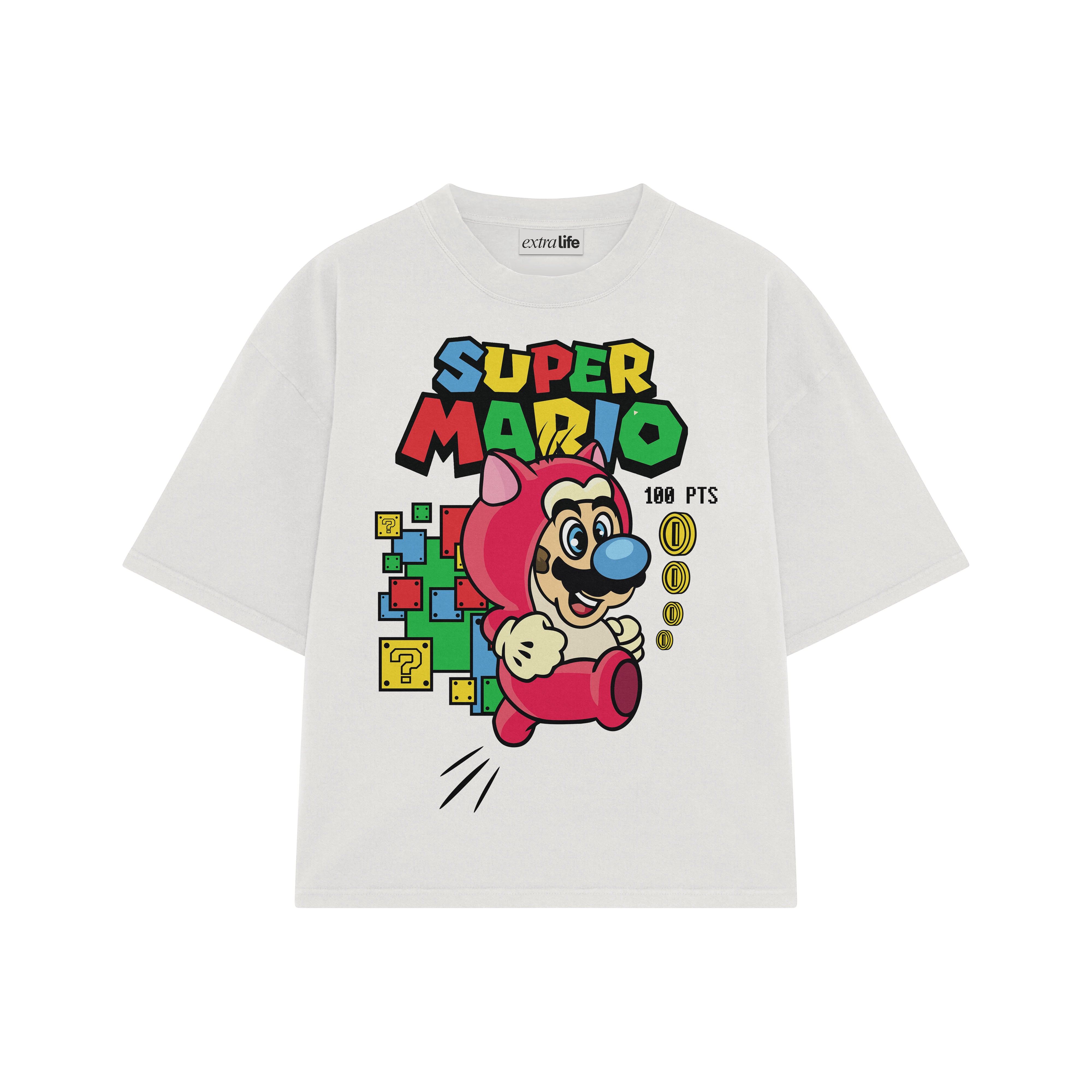 Playera streetwear premium de anime y gaming ExtraLife MX, corte boxy oversized drop shoulder heavyweight en color Deep Black y Off-White, moda urbana mexicana de culto.