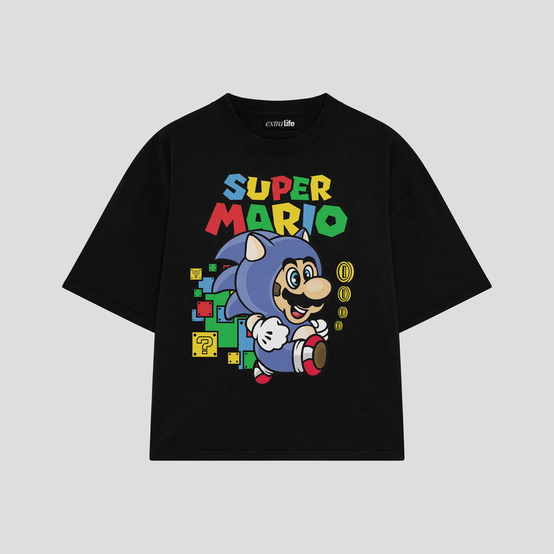 Playera streetwear premium de anime y gaming ExtraLife MX, corte boxy oversized drop shoulder heavyweight en color Deep Black y Off-White, moda urbana mexicana de culto.