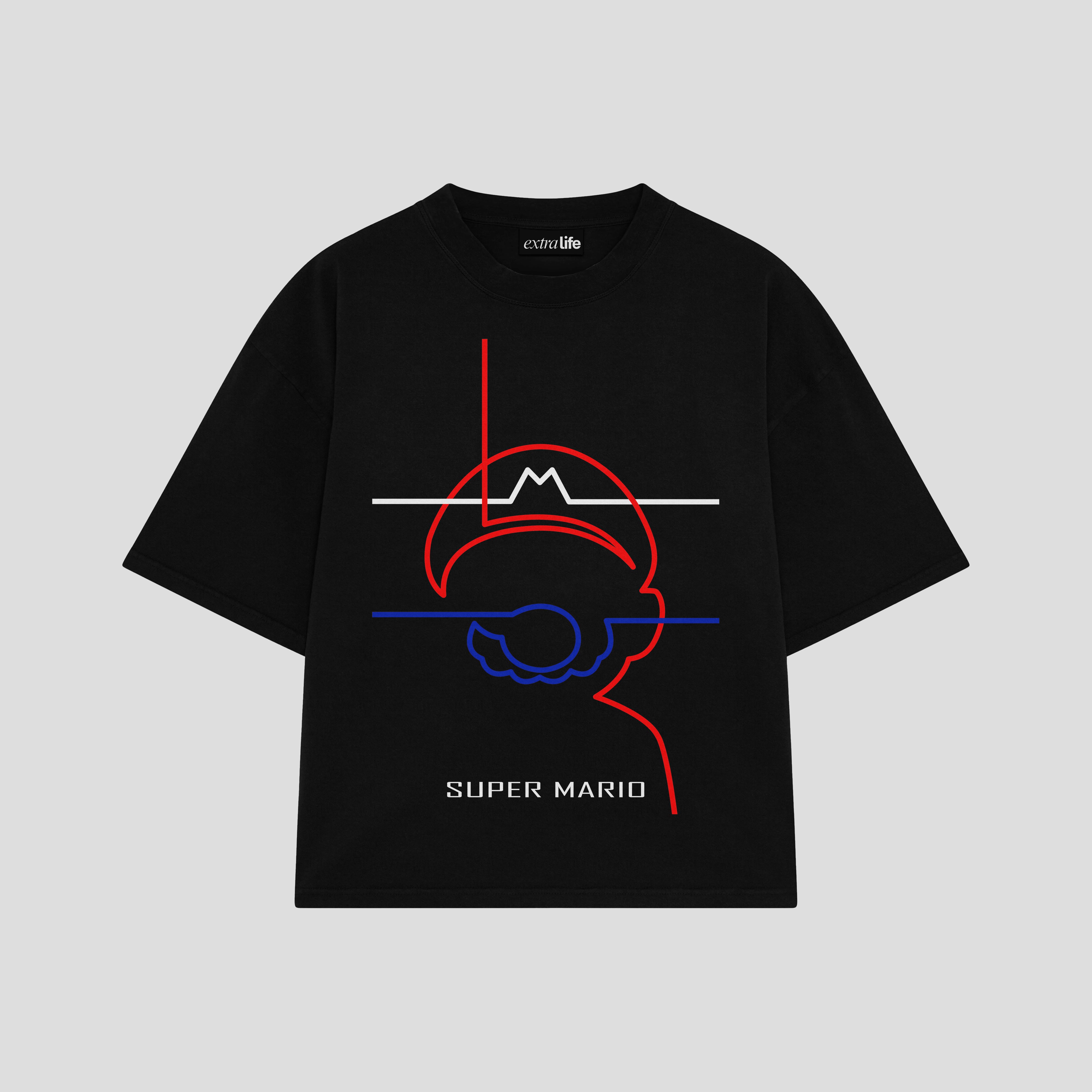 Playera streetwear premium de anime y gaming ExtraLife MX, corte boxy oversized drop shoulder heavyweight en color Deep Black y Off-White, moda urbana mexicana de culto.