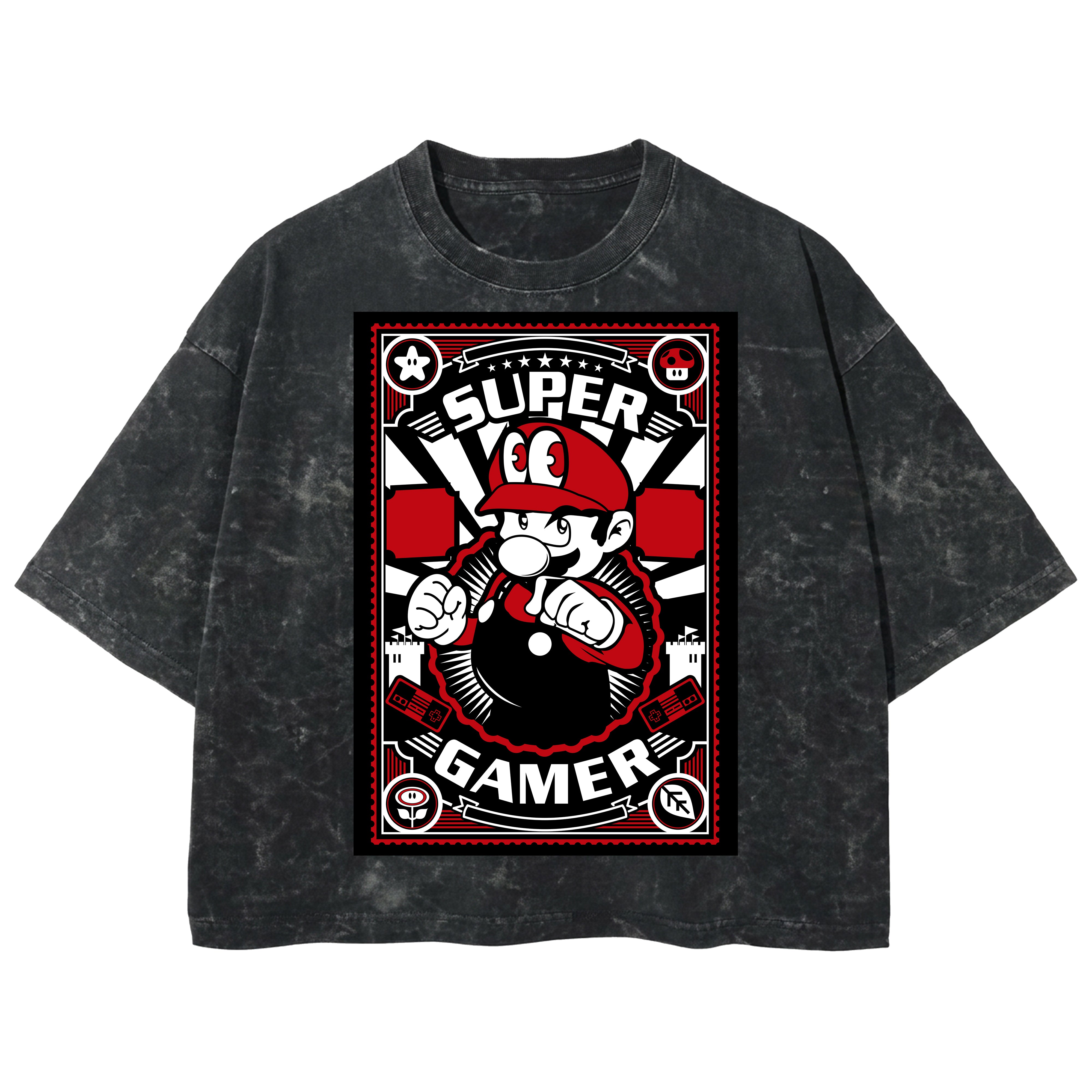Playera streetwear premium de anime y gaming ExtraLife MX, corte boxy deluxe mineral wash heavyweight en color Acid Wash, moda urbana mexicana de culto.