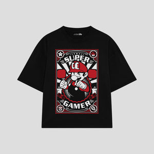Playera streetwear premium de anime y gaming ExtraLife MX, corte boxy oversized drop shoulder heavyweight en color Deep Black y Off-White, moda urbana mexicana de culto.