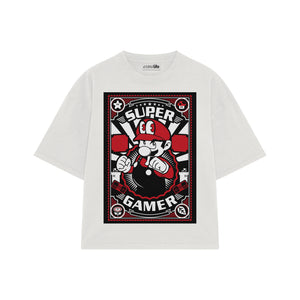 Playera streetwear premium de anime y gaming ExtraLife MX, corte boxy oversized drop shoulder heavyweight en color Deep Black y Off-White, moda urbana mexicana de culto.