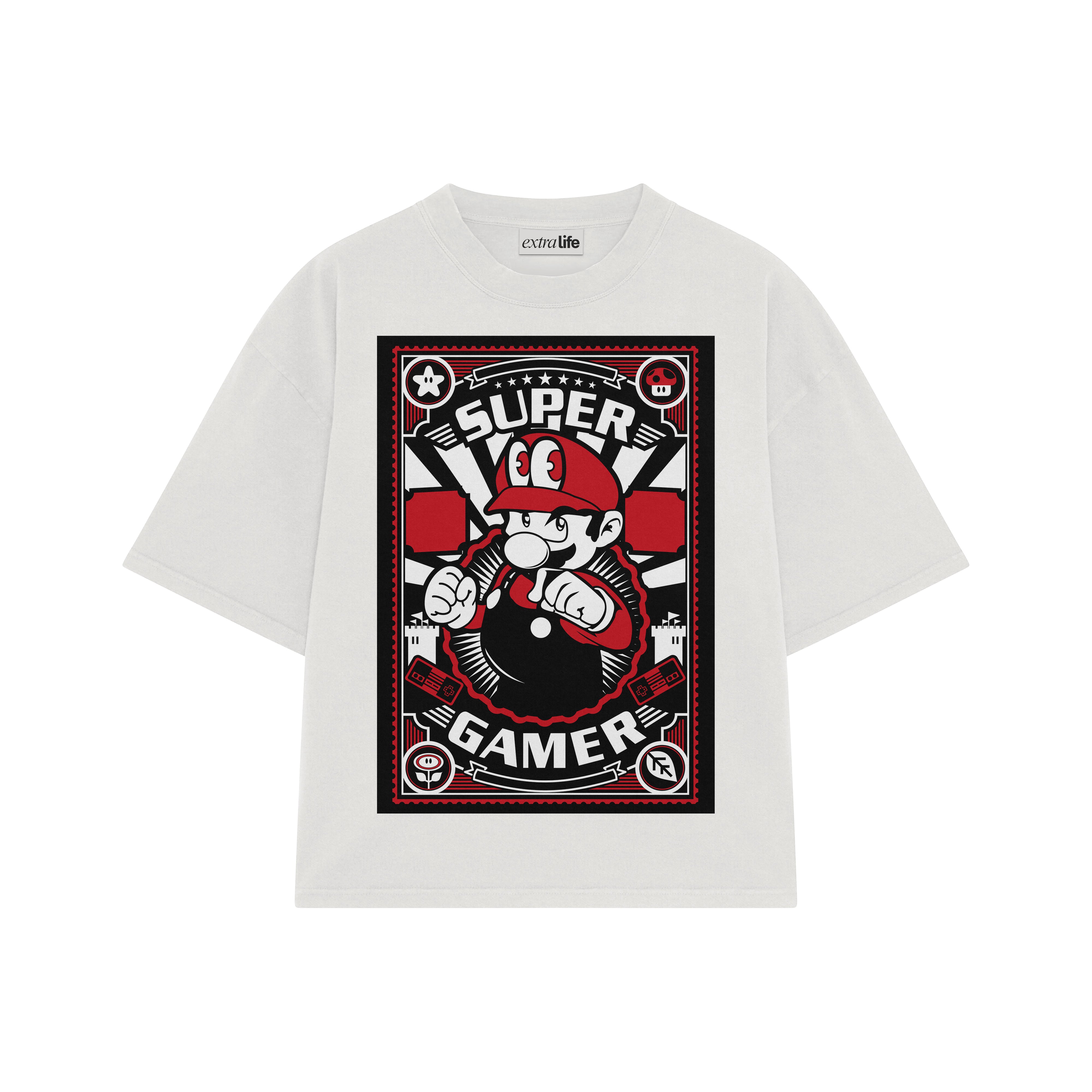 Playera streetwear premium de anime y gaming ExtraLife MX, corte boxy oversized drop shoulder heavyweight en color Deep Black y Off-White, moda urbana mexicana de culto.
