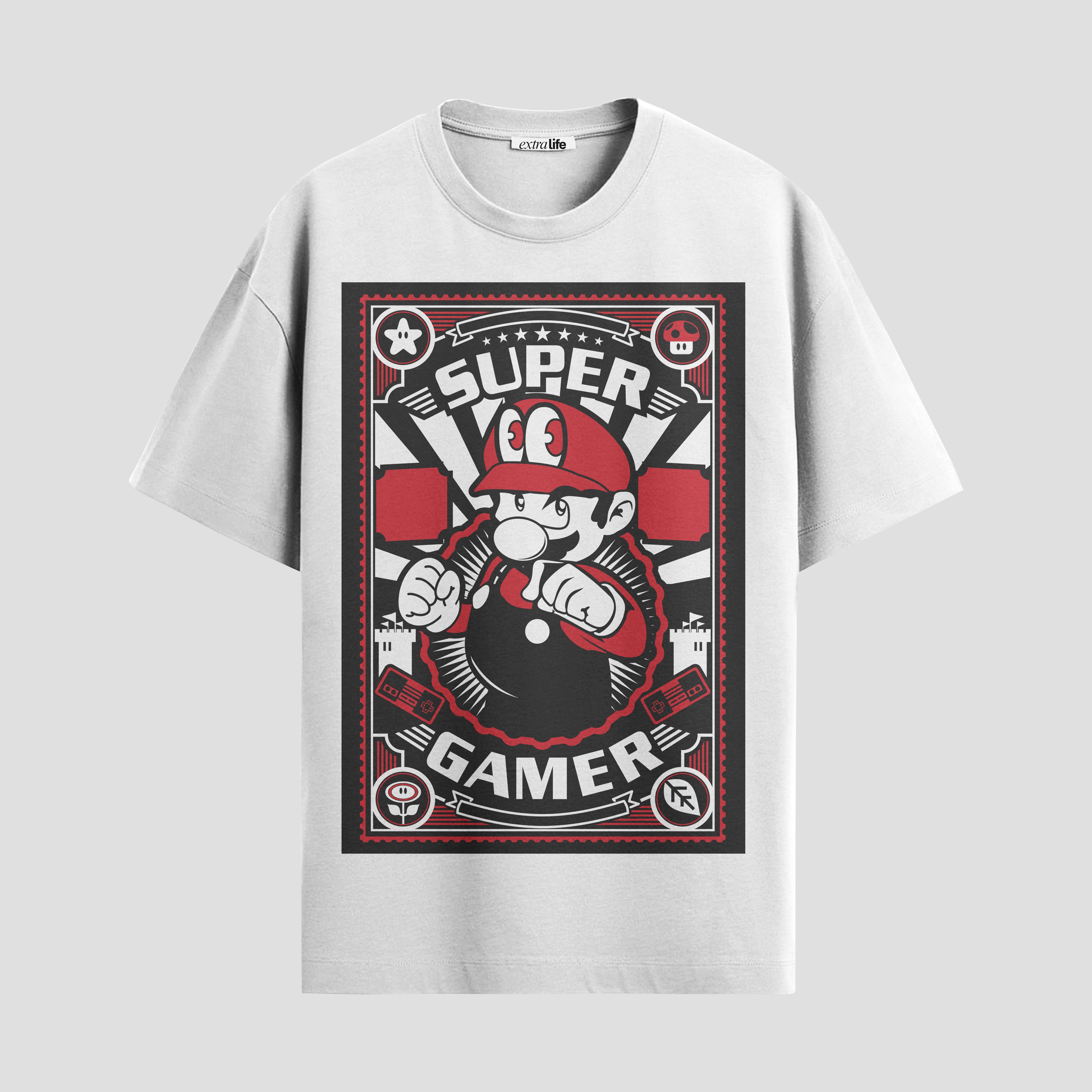 Playera urbana de anime y gaming ExtraLife MX, corte Standard Fit unisex ligero y transpirable en color Deep Black y Pure White, ropa de uso diario para gym y casual.