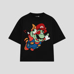 Playera streetwear premium de anime y gaming ExtraLife MX, corte boxy oversized drop shoulder heavyweight en color Deep Black y Off-White, moda urbana mexicana de culto.