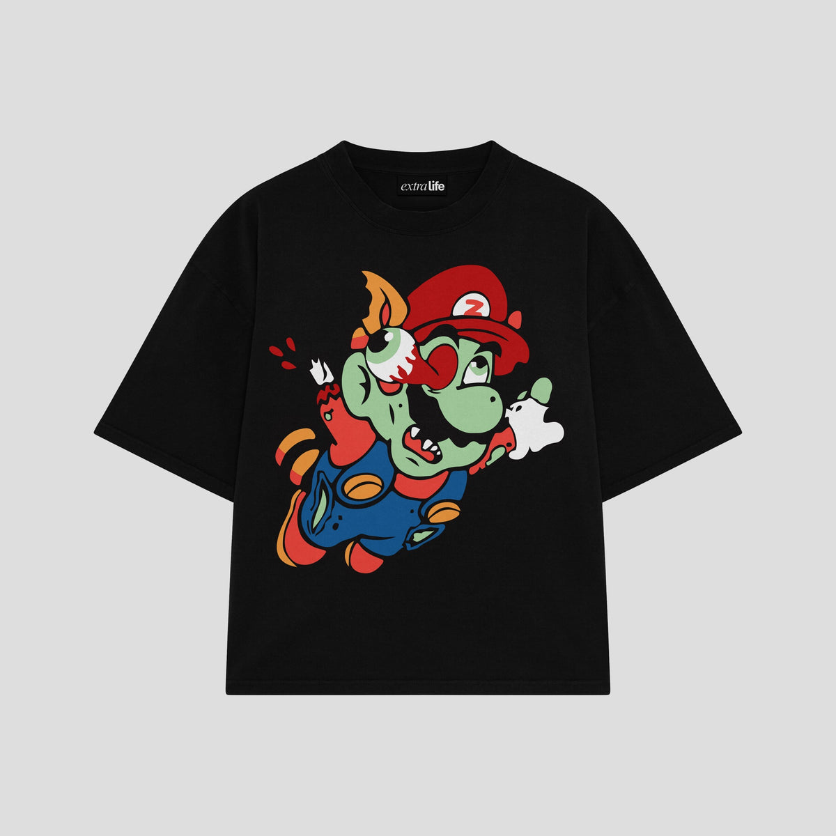 Playera streetwear premium de anime y gaming ExtraLife MX, corte oversized drop shoulder ligero y fresco en color Deep Black y Off-White, moda urbana mexicana de culto.