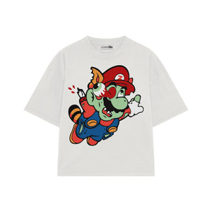 Playera streetwear premium de anime y gaming ExtraLife MX, corte boxy oversized drop shoulder heavyweight en color Deep Black y Off-White, moda urbana mexicana de culto.