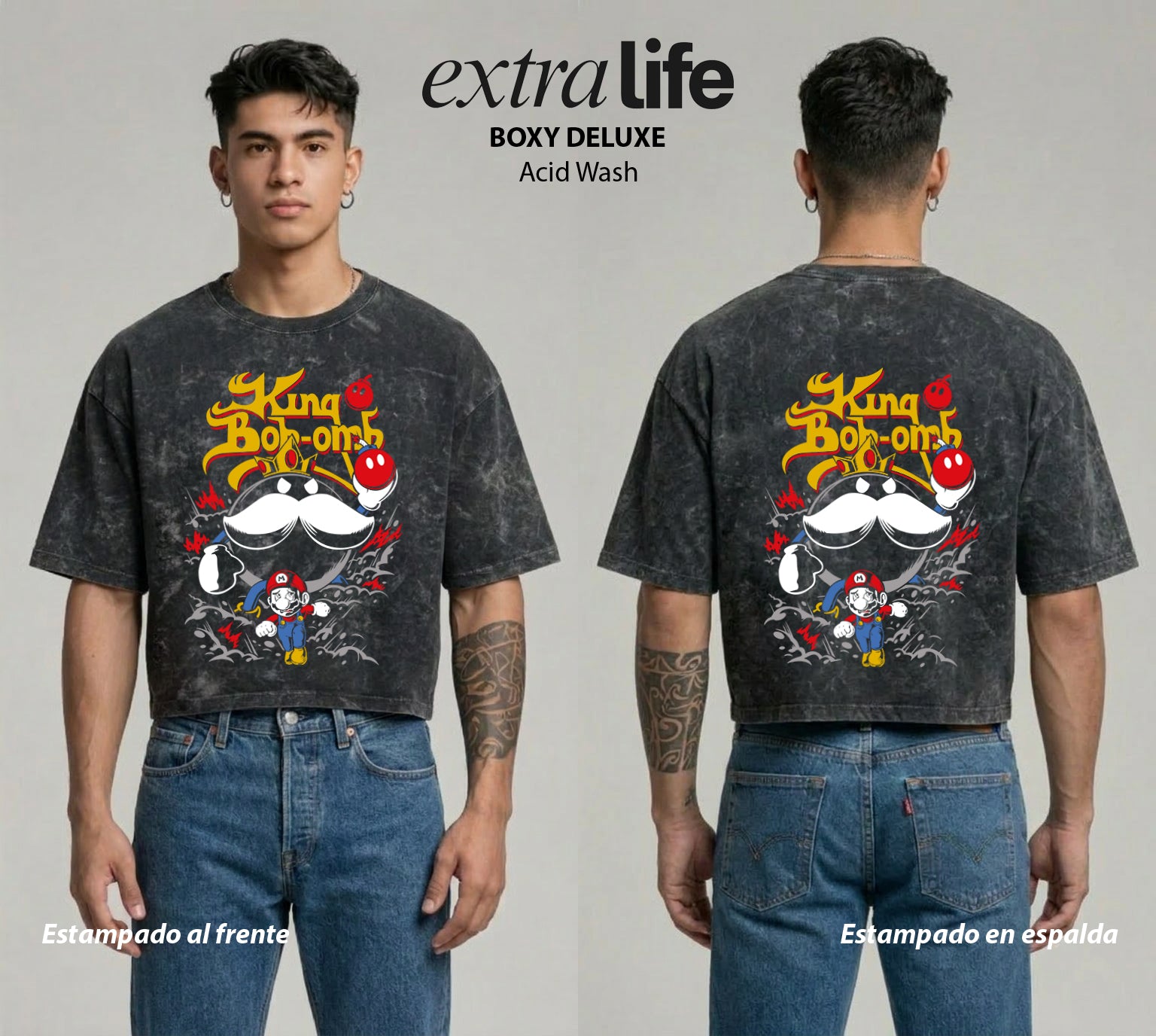 Playera streetwear premium de anime y gaming ExtraLife MX, corte boxy deluxe mineral wash heavyweight en color Acid Wash, moda urbana mexicana de culto.