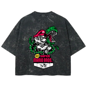 Playera streetwear premium de anime y gaming ExtraLife MX, corte boxy deluxe mineral wash heavyweight en color Acid Wash, moda urbana mexicana de culto.