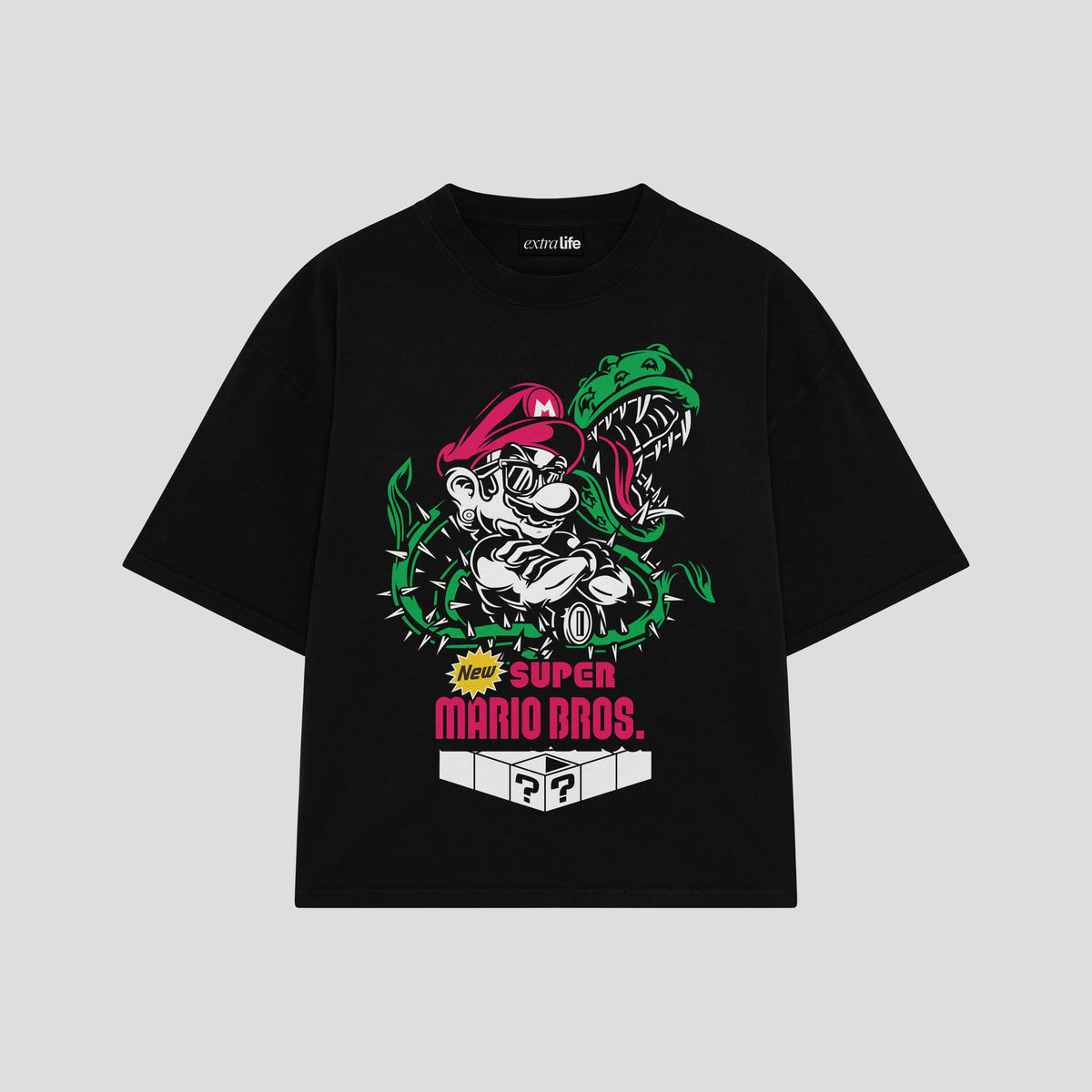 Playera streetwear premium de anime y gaming ExtraLife MX, corte oversized drop shoulder ligero y fresco en color Deep Black y Off-White, moda urbana mexicana de culto.