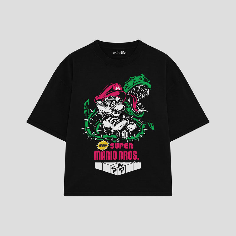 Playera streetwear premium de anime y gaming ExtraLife MX, corte boxy oversized drop shoulder heavyweight en color Deep Black y Off-White, moda urbana mexicana de culto.
