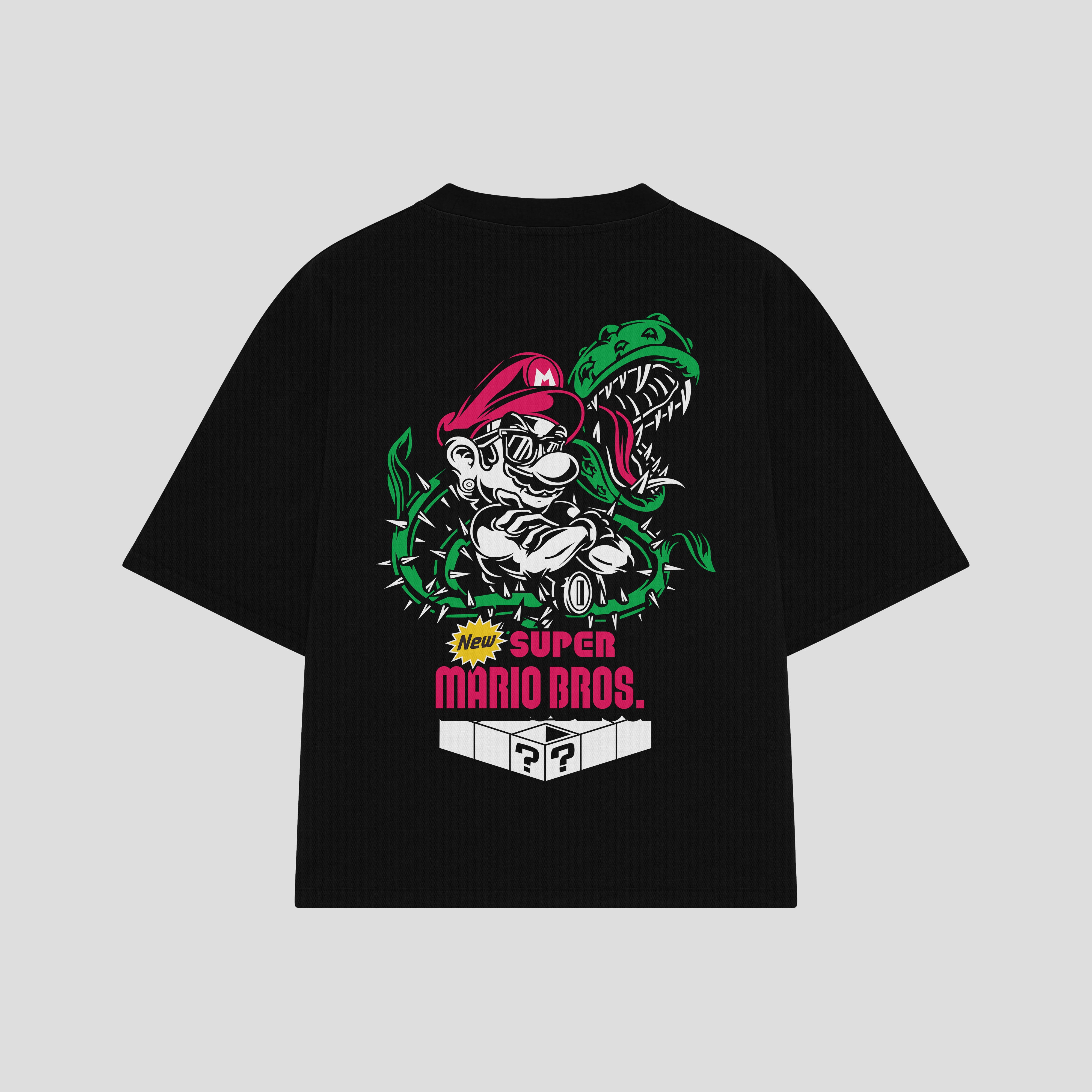 Playera streetwear premium de anime y gaming ExtraLife MX, corte boxy oversized drop shoulder heavyweight en color Deep Black y Off-White, moda urbana mexicana de culto.