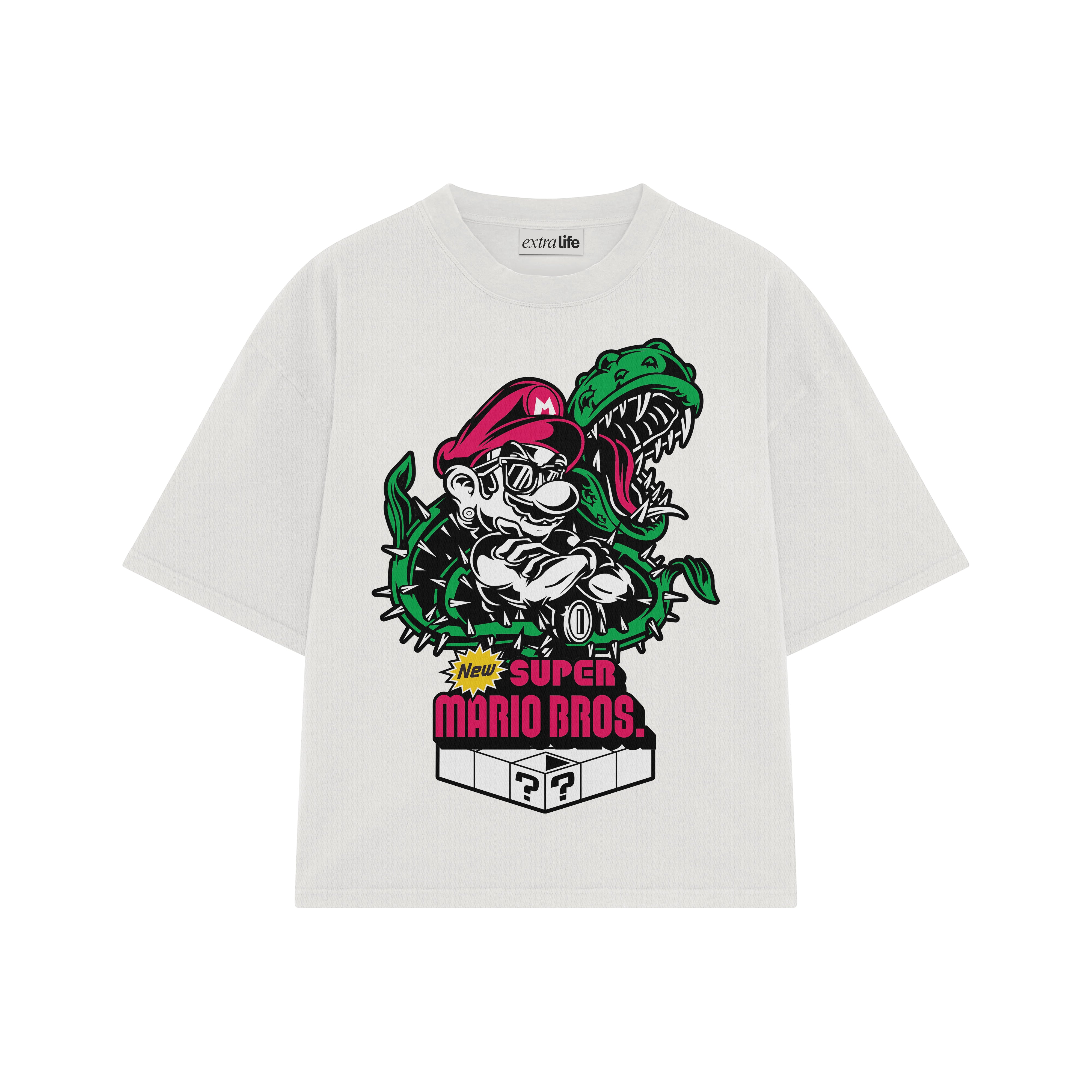 Playera streetwear premium de anime y gaming ExtraLife MX, corte boxy oversized drop shoulder heavyweight en color Deep Black y Off-White, moda urbana mexicana de culto.