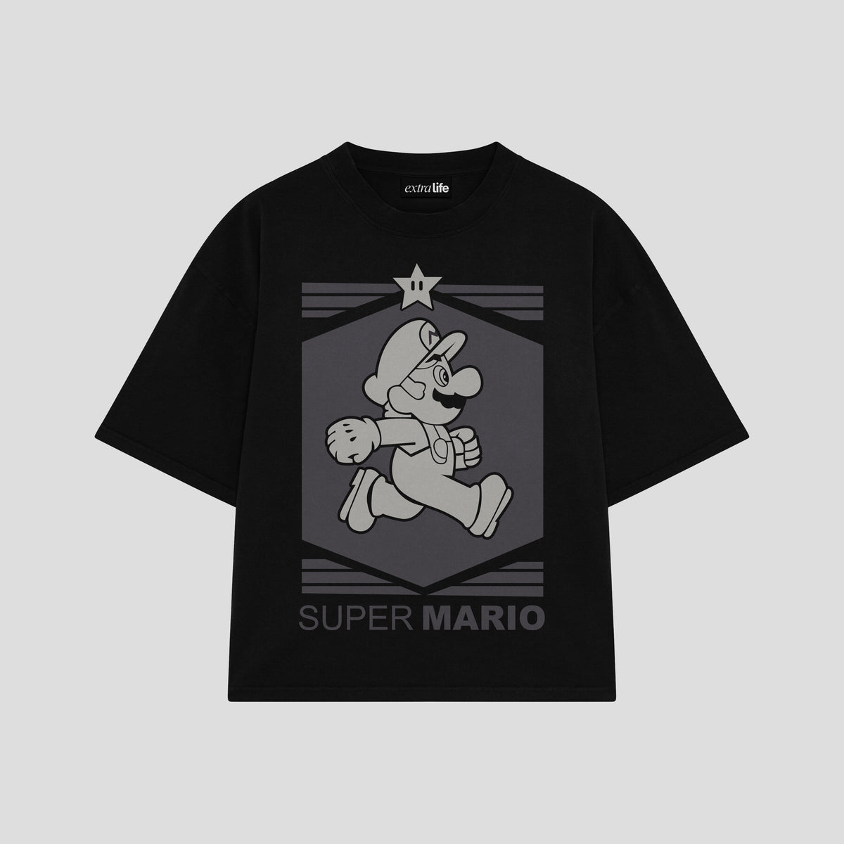 Playera streetwear premium de anime y gaming ExtraLife MX, corte oversized drop shoulder ligero y fresco en color Deep Black y Off-White, moda urbana mexicana de culto.